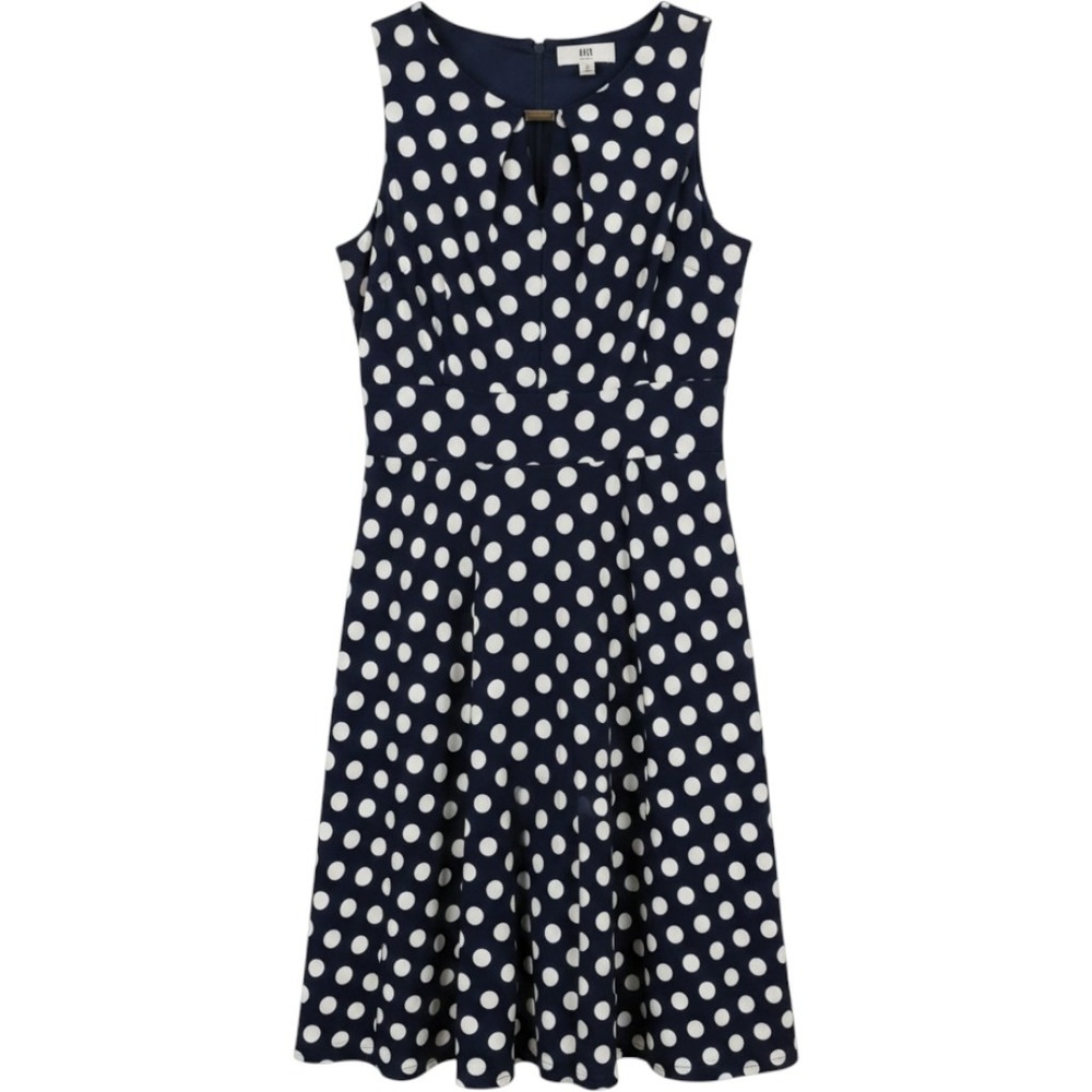 DR Fit and Flare Dress Womens 14 Navy Blue Polka Dot Keyhole Neck Stretchy EUC